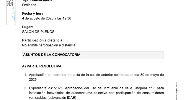 Convocatoria a Pleno sesión ordinaria, lunes 4 de agosto a las 19:30h